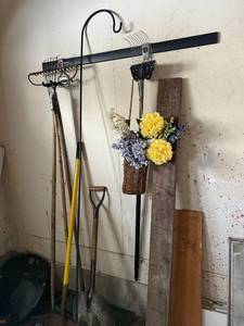 lot 406 image: Garden Tools Lot - Shovels, Rake, Hoe & Pitchfork