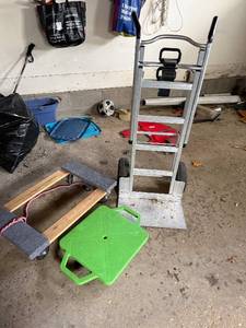 lot 409 image: Stair-Climbing Hand Truck w Motor - Aluminum Frame Wood Platform Dolly Green Stool (Lot of 3)