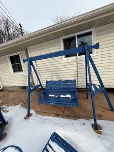 lot 414 image: Blue Outdoor Wooden Patio Swing Set with Adirondack Chairs - 6-Piece Set