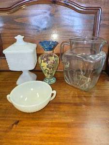 lot 59 image: Milk glass candy dish, sugar dish, hand painted vase and glass iced tea pitcher