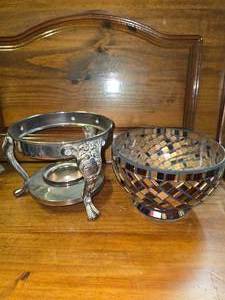 lot 101 image: Metal holder and stained-glass bowl.