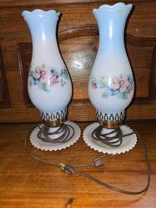 lot 135 image: Vintage blue to white milk glass hurricane lamps WORK