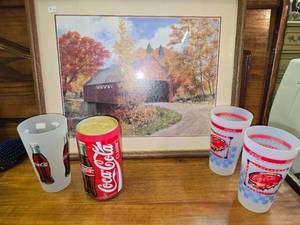lot 141 image: Coke Print, 3 cups, and a coaster set