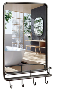 lot 85 image: Happytools Wall Mounted Mirror w Shelf & Hooks, Black Metal Framed Vanity Rectangle