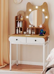lot 87 image: Costway HU11189US-NA Small Vanity Desk with Mirror & Lights Cute Kitty Makeup Table with Power Outlets, Natural