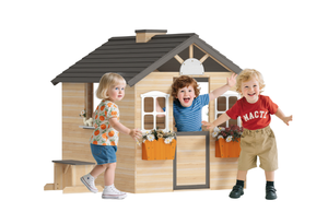 lot 142 image: Outsunny Wooden Playhouse for Kids Outdoor Garden Pretend Play Games