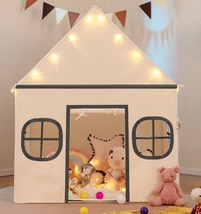 lot 163 image: Costway TP10428BE Kids Play Tent Large Playhouse with Door Curtain & Windows Star Lights, Beige