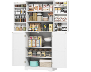 lot 180 image: HOMCOM Farmhouse Kitchen Pantry, Cabinet with 4 Barn Doors, 4 Adjustable Shelves and 8 Door Shelves, White