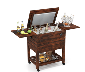 lot 382 image: Gymax 54 Quart Rolling Wooden Patio Cooler Cart w 2 Drop Leaf Tables Bottle Opener