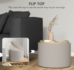 lot 6 image: HOMCOM Round Storage Ottoman Coffee Table with Flip Top Tray, Gray