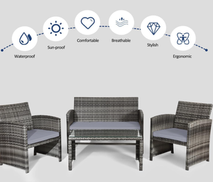 lot 31 image: Outdoor Conversation Set, 4 Pieces Wicker Patio Furniture Set with Ergonomic Curved Design, Patio Chair Set with Water-Resistant Cushion & Tempered Glass Table for Balcony, Porch(Gray)