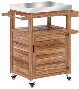 lot 67 image: Outsunny Outdoor Grill Cart with Stainless Steel Top, Solid Wood Outdoor Kitchen Island with Wheels, Drawer, Side Handle, Brown