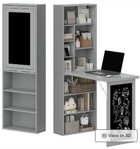 lot 108 image: HOMCOM Fold-out Convertible Office Desk, Wall Mount Computer Desk with Blackboard and Side Shelf, Charcoal Gray