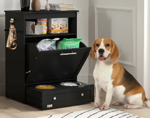 lot 110 image: PawHut Pet Feeder Station Storage Cabinet, Dog Food Storage Container with Dog Raised Bowls, Watering Supplies, Black