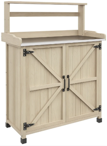 lot 119 image: Outsunny Outdoor Wooden Potting Bench with Storage Cabinet, Shelves, Galvanized Plated Tabletop for Backyard, Balcony, Natural