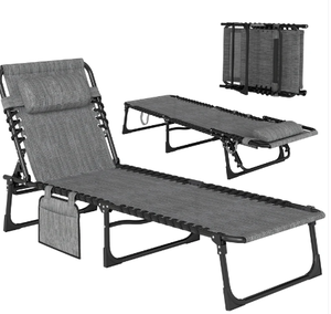 lot 120 image: Outsunny Chaise Lounge Chair Outdoor, 5-Position Adjustable Sun Tanning Chair with Carrying Handle and Side Pocket, Folding Bed Cot with Removable Pillow for Garden, Beach, Patio, Pool, Camp, Gray