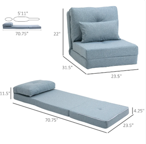 lot 126 image: HOMCOM Convertible Flip Chair, Floor Lazy Sofa, Folding Upholstered Couch Bed with Adjustable Backrest, Metal Frame and Pillows for Living Room Bedroom, Blue