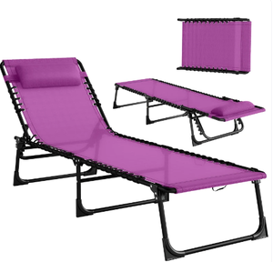 lot 132 image: Outsunny Folding Chaise Lounge Pool Chair with 4-Position Reclining Back, Pillow, Breathable Mesh & Bungee Seat, Purple