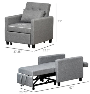 lot 134 image: HOMCOM Convertible Sofa Lounger Chair Bed Multi-Functional Sleeper Recliner with Tufted Upholstered Fabric, Adjustable Angle Backrest, and Pillow, Grey