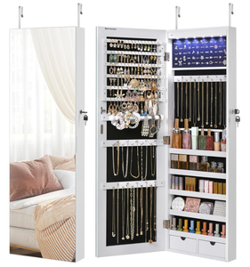 lot 151 image: SONGMICS Hanging Jewelry Cabinet, Wall-Mounted Cabinet with LED Interior Lights, Door-Mounted Jewelry Organizer, Full-Length Mirror, Gift Idea, White
