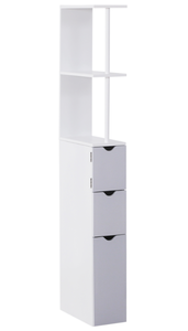 lot 213 image: HOMCOM 54 Tall Bathroom Storage Cabinet, Freestanding Linen Tower with 2-Tier Shelf and Drawers, Narrow Side Floor Organizer, White