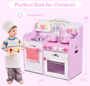 lot 249 image: Costzon Kids Kitchen Playset, Wooden Pink Strawberry Themed Pretend Toy Set with 13-Pieces Cookware, Realistic Sound, Pot, Pan, Sink, Oven, Kitchen Set Gift for Toddlers