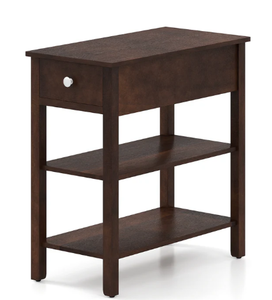 lot 252 image: 3-Tier Narrow End Table, Walnut, With Drawer And Storage Shelves