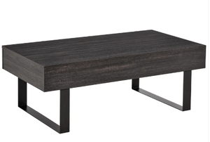 lot 266 image: HOMCOM Mid-century Modern Coffee Table with Storage Drawer, Metal Sled Designed Legs and Wood Grain Surface for Living Room, Dark Grey