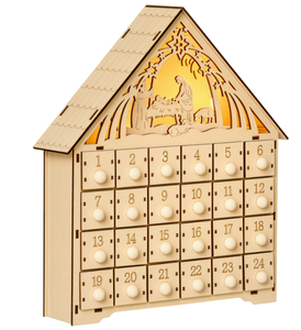 lot 280 image: HOMCOM Christmas Advent Calendar, Light Up Manger Scene Tabletop Xmas Wooden House Holiday Decoration with Countdown Drawer, Bible Characters, for kids Adults