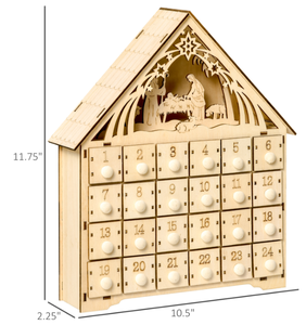 lot 281 image: HOMCOM Christmas Advent Calendar, Light Up Manger Scene Tabletop Xmas Wooden House Holiday Decoration with Countdown Drawer, Bible Characters, for kids Adults
