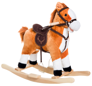 lot 320 image: Qaba Kids Plush Toy Rocking Horse, Wooden Ride-on Chair, Plush Animal Rocker with Realistic Sounds and Moving Tail for Toddlers, Brown