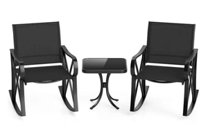lot 325 image: Costway 3-Piece Patio Rocking Bistro Rocker Chairs Set with Glass-Top Side Table-Black