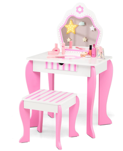 lot 337 image: Costzon Kids Vanity, Girls Vanity Set with Mirror and Stool, Storage Drawer, Wooden Princess Makeup Dressing Table, Kids Vanity Table and Chair Set