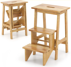 lot 338 image: Giantex Folding 3 Tier Step Ladder, Multipurpose 3-in-1 Wood Step Stool