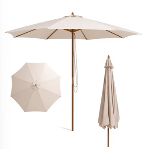 lot 406 image: 10 ft. Wooden Outdoor Patio Table Umbrella in Beige with Pulley Height Adjustable