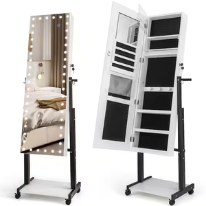 lot 367 image: Costway White MDF Jewelry Cabinet Armoire Mirror 3-Color 46 LED Lights, Adjustable Height, Wheels