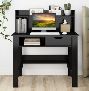 lot 34 image: Giantex Black Computer Desk with Hutch, Home Office Desk with Power Outlets, USB Ports