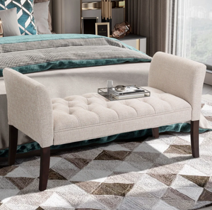 lot 69 image: HOMCOM Upholstered Bedroom Bench with Button Tufted Design, End of Bed Bench with Arms and Solid Wood Legs, Cream White