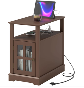 lot 218 image: HOMCOM Narrow Side Table End Table with Charging Station, USB Ports, Modern End Table with Storage for Living Room, Brown