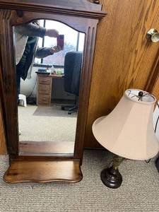 lot 8 image: Wall Mirror with Decorative Shelf and Table Lamp