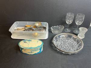 lot 10 image: Vintage Kitchenware and Glassware Assortment, Droste Tin, Glass Dishes, Scoops