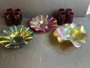lot 15 image: Collection of 3 Iridescent Signed Glass Bowls and 8 Ruby Red Glass Tumblers