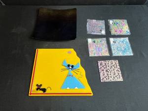 lot 16 image: Fused Signed Art Glass Set with Cat and Mouse Plate, Iridescent Square Tray, and Dichroic Glass Tiles