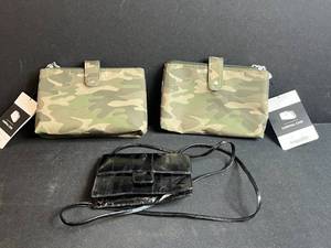 lot 19 image: 2 Baggallini Carryall Camo Travel Cases and Black Patent Mini Crossbody Purse