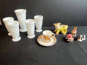 lot 29 image: Milk Glass Vases, Vintage Ceramics, and Bunnykins Figurine Collection