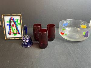 lot 48 image: Mixed Glassware Collection with Fruit Bowl, Ruby Glasses, Handpainted Bell, and Framed Art
