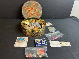 lot 55 image: Vintage Tin Filled with Assorted Decorative Buttons and Sewing Notions