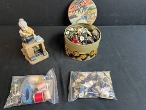 lot 61 image: Vintage Sewing Collection with Buttons, Notions, and Kelvins Grandmother Figurine