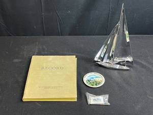 lot 127 image: Minnesota Collectibles Lot with Sailboat Sculpture, Centennial Plaque, and Record Book
