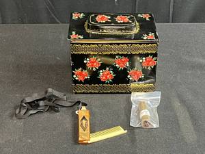lot 129 image: Vintage Decorative Tin Box with Comb and Brass Lipstick Tube